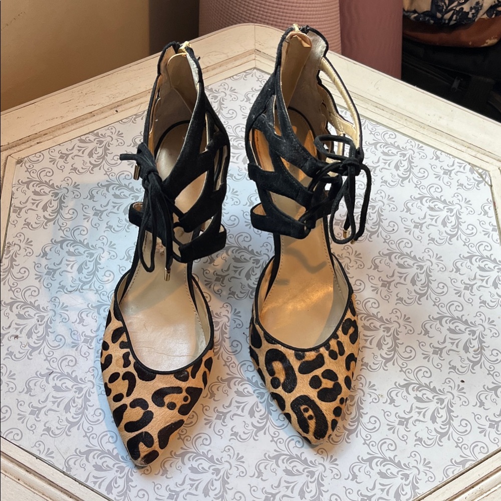 Audrey Brooke Black and Tan Lace-Up Heels